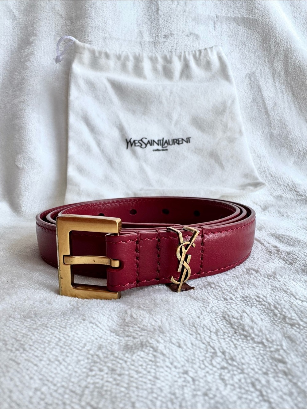 Yves Saint Laurent Burgundy Red Leather Belt with Gold YSL Accent